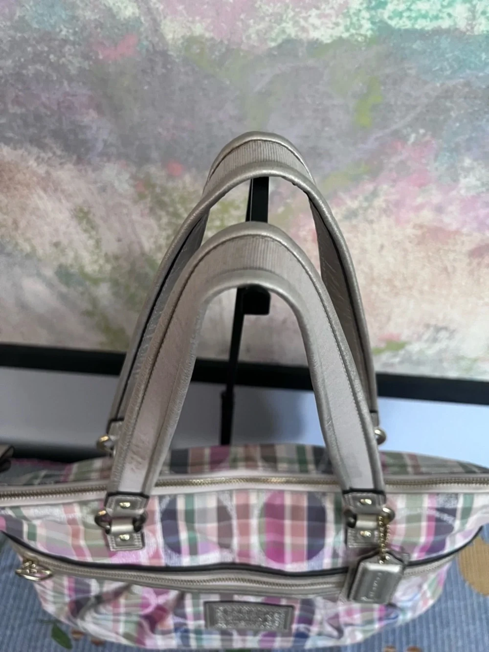 COACH POPPY BLUE GREEN PINK IVORY TARTAN PLAID LG TOTE SATCHEL HANDBAG - Picture 8 of 11